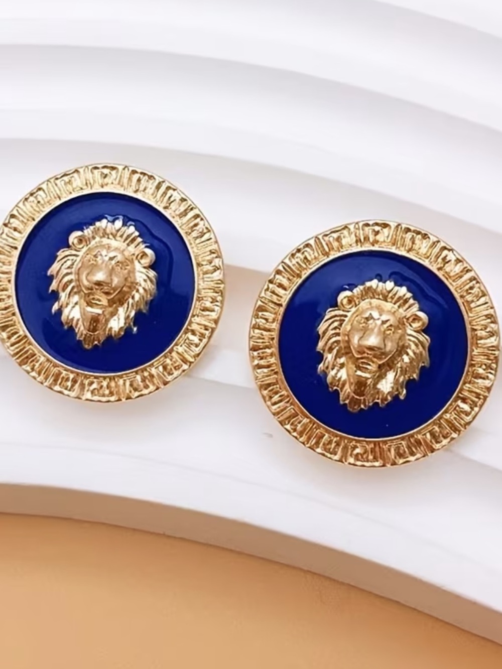 Gold Lion Head Button Earrings with Navy Enamel
